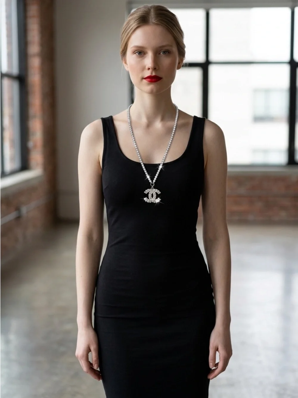 CHANEL Silver Crystal CC Pendant Tennis Chain Necklace